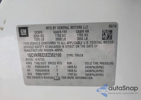 2014 Chevrolet Silverado 1500 2Lt z USA, uszkodzony, nr VIN 1GCVKREC5EZ362190